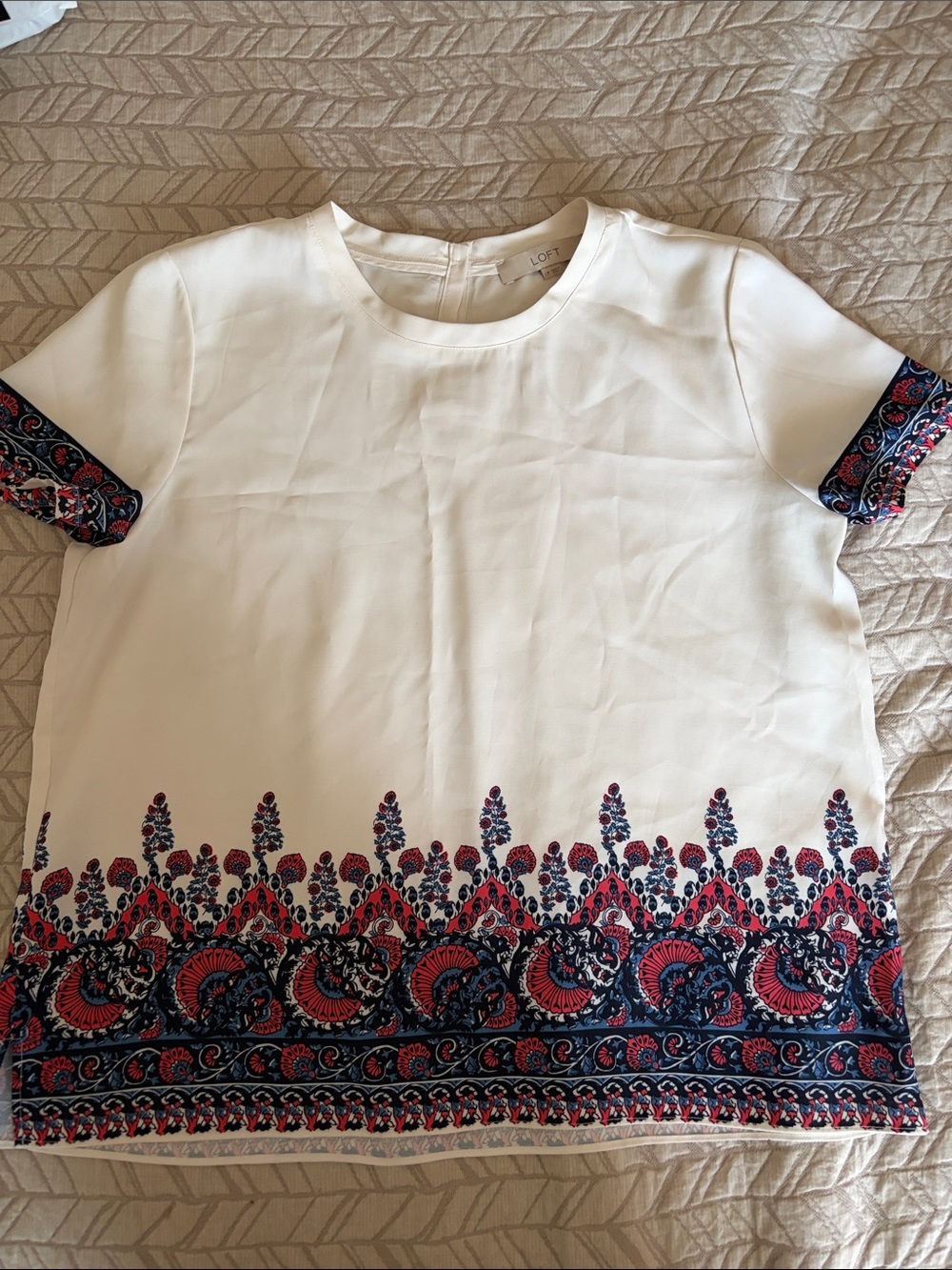 LOFT White Short Sleeve Blouse with Red & Navy Border Motif